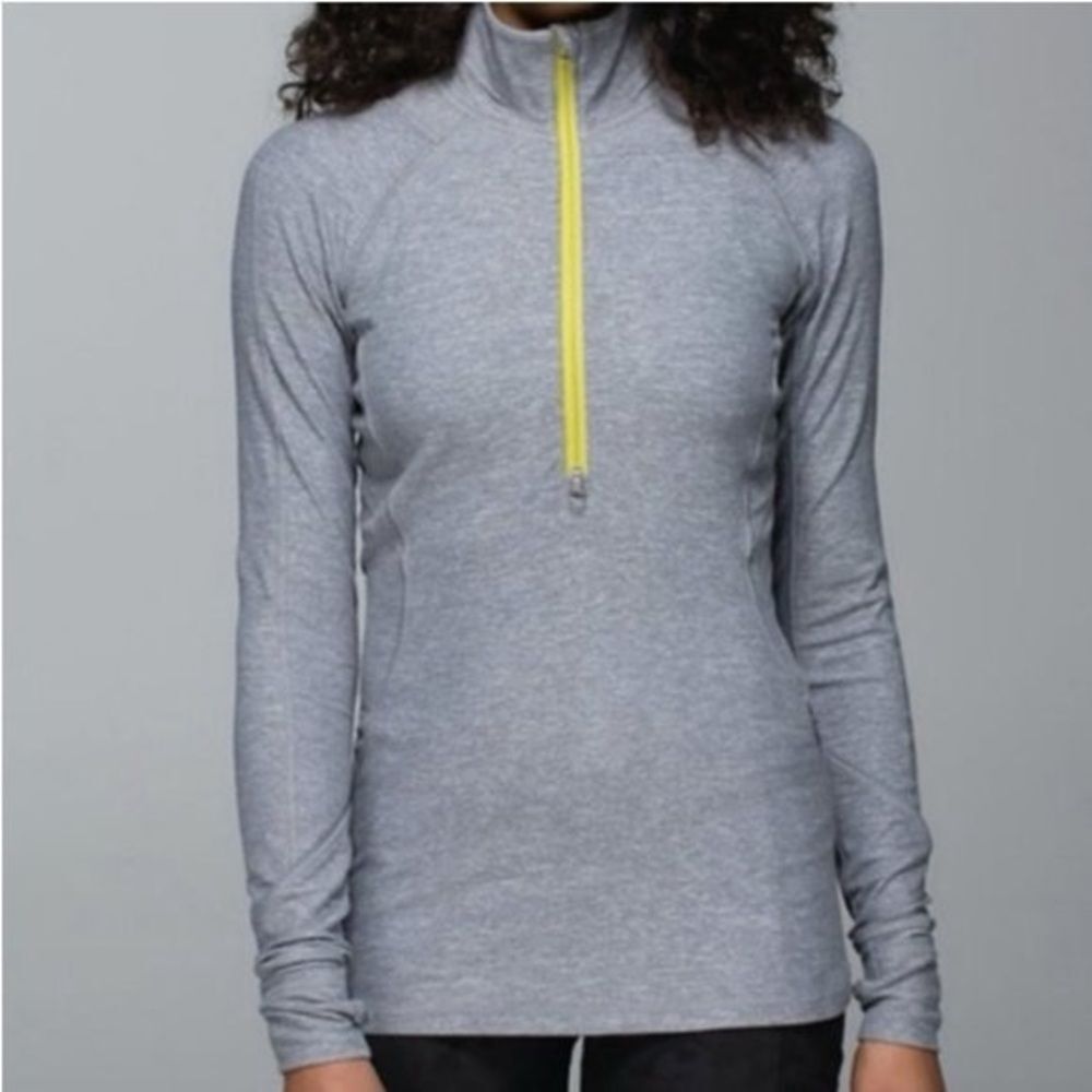 Lululemon Race Your Pace Half Zip Heather Gray Rulu Top Yellow Zip Size 6